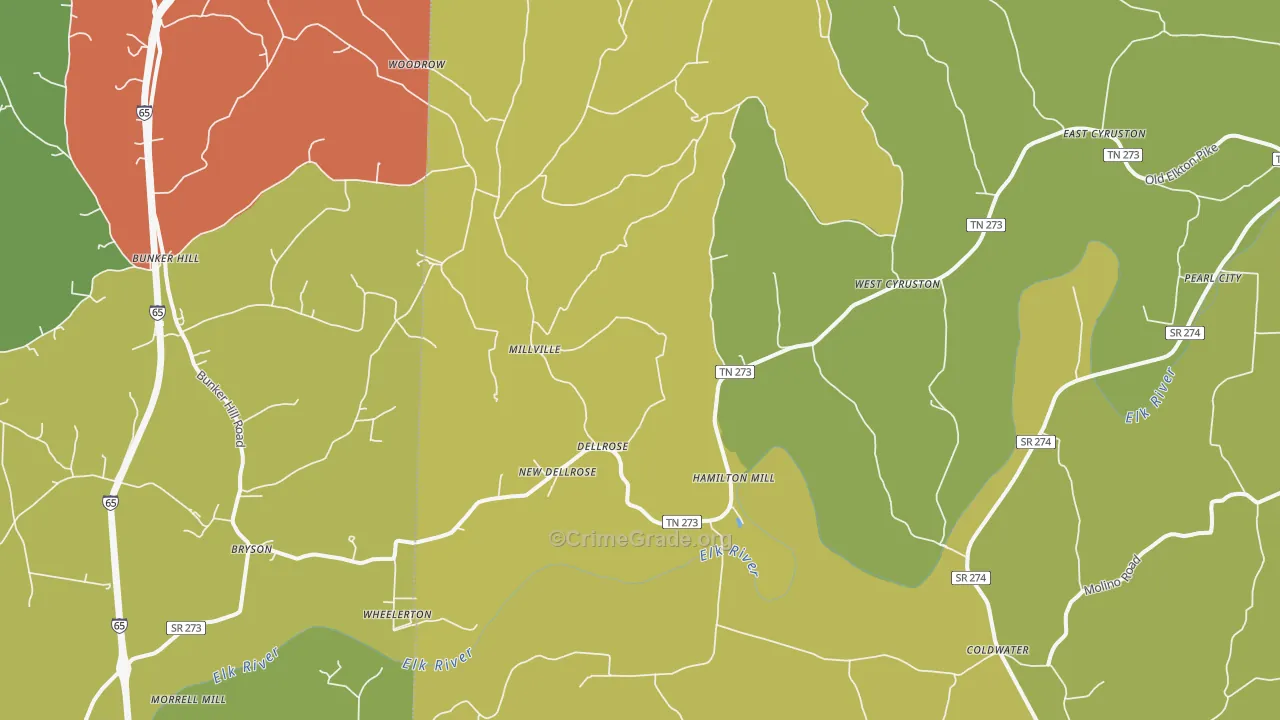 Dellrose, TN Map of Vehicle Theft Rates