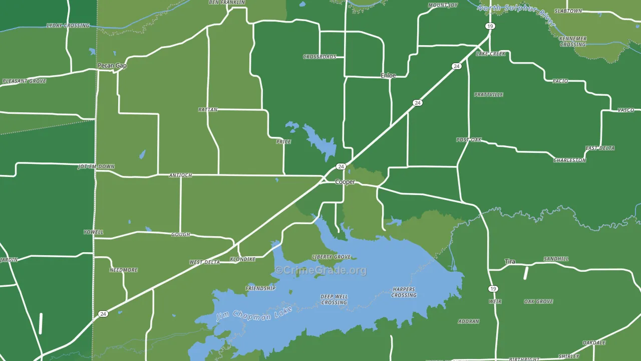 Delta County, TX Map of Vehicle Theft Rates