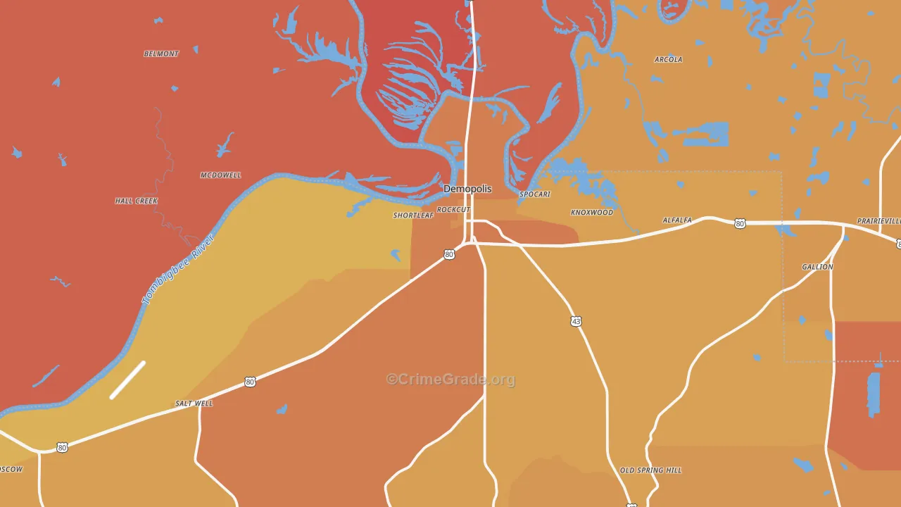 Demopolis, AL Map of Vehicle Theft Rates