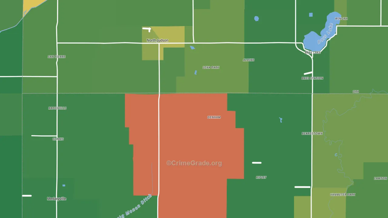 Denham, IN Map of Vehicle Theft Rates