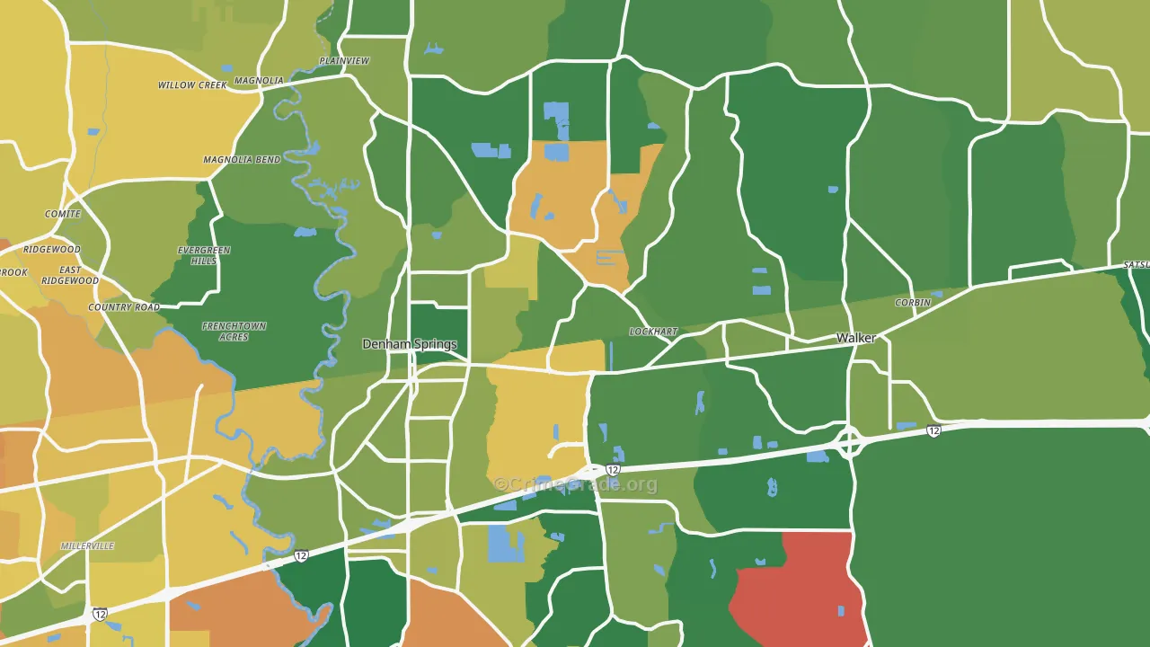 Denham Springs, LA Map of Vehicle Theft Rates