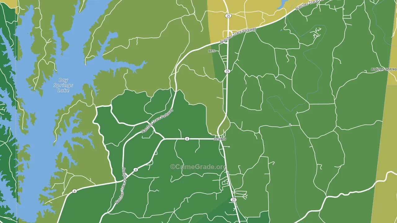 Dennis, MS Map of Vehicle Theft Rates