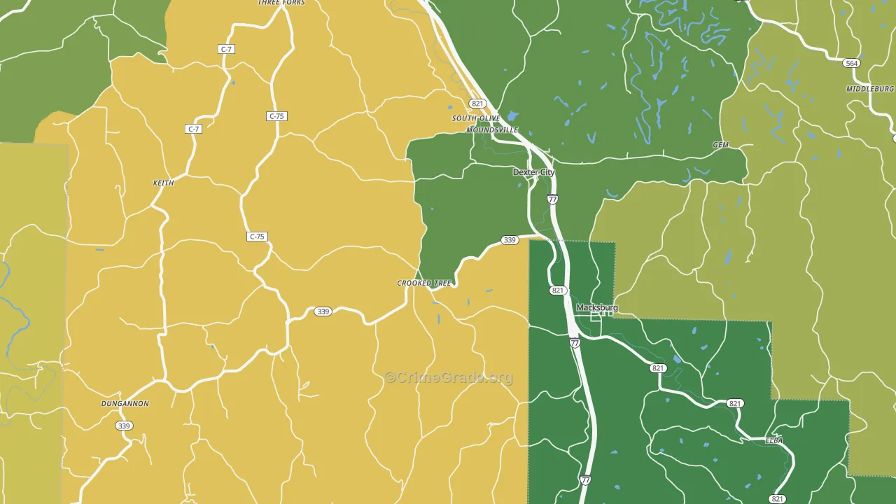 Dexter City, OH Map of Vehicle Theft Rates