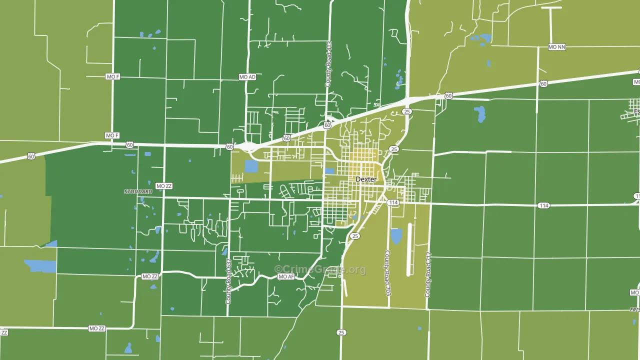 Dexter, MO Map of Vehicle Theft Rates