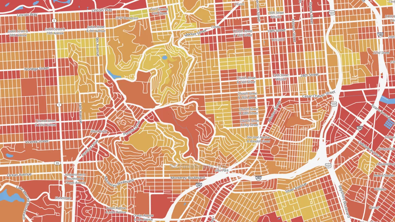 Diamond Heights, San Francisco, CA Map of Vehicle Theft Rates
