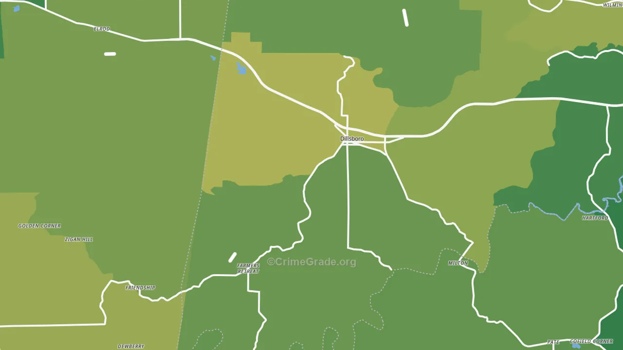 Dillsboro, IN Map of Vehicle Theft Rates