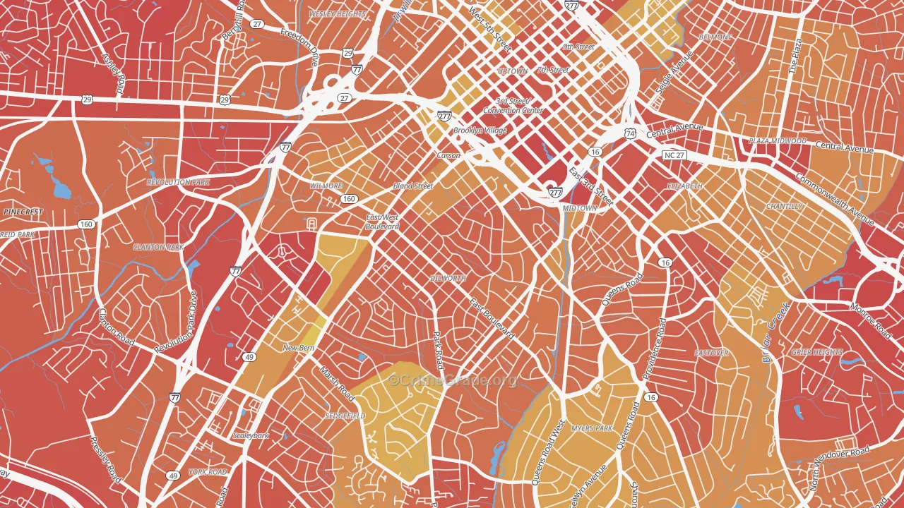 Dilworth, Charlotte, NC Map of Vehicle Theft Rates