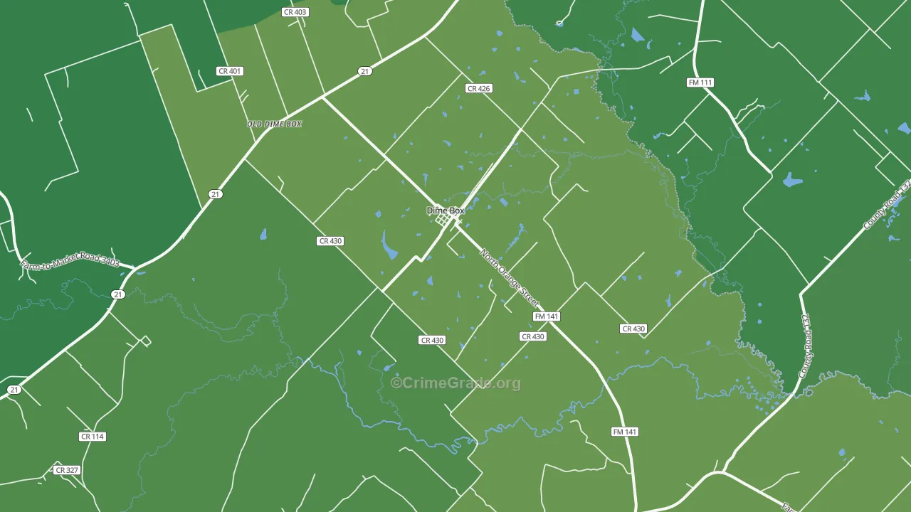 Dime Box, TX Map of Vehicle Theft Rates