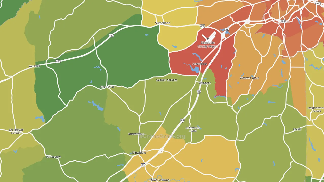 Dinwiddie County, VA Map of Vehicle Theft Rates