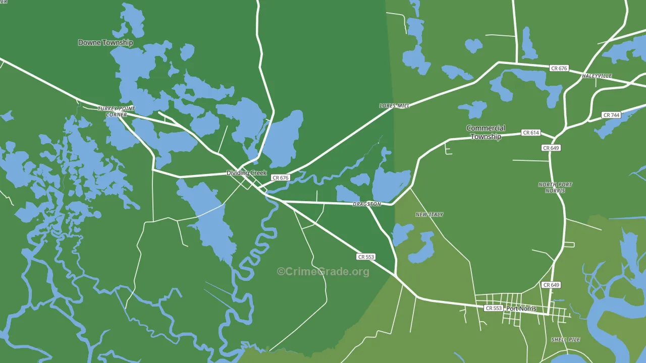 Dividing Creek, NJ Map of Vehicle Theft Rates