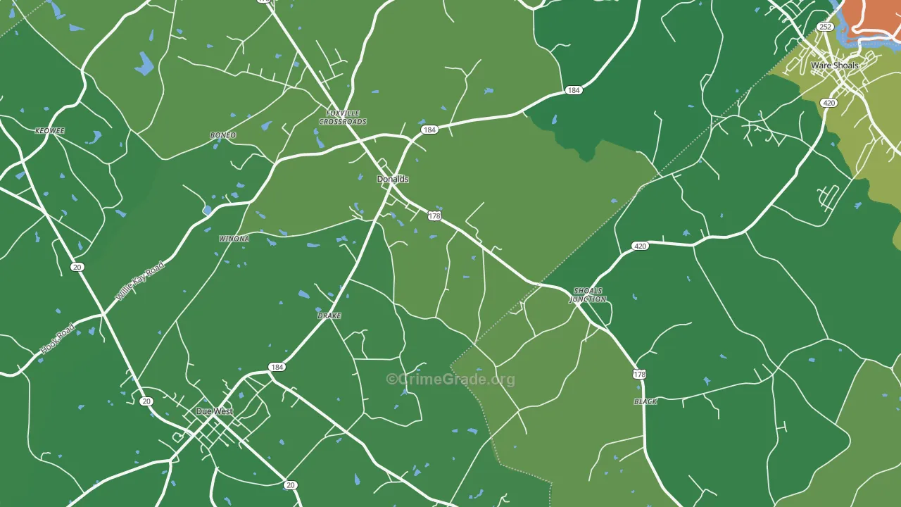 Donalds, SC Map of Vehicle Theft Rates