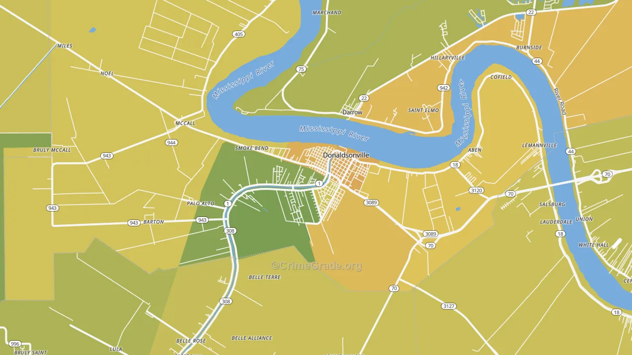 Donaldsonville, LA Map of Vehicle Theft Rates
