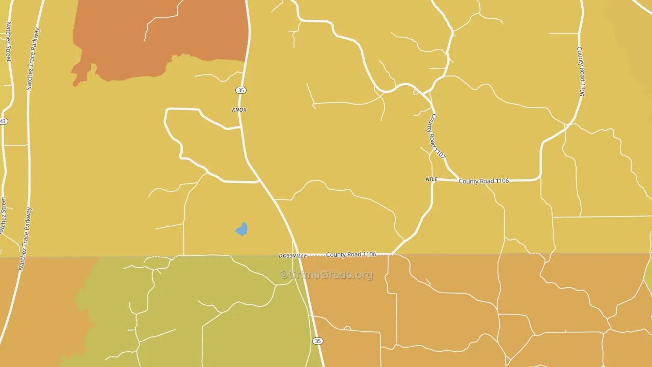 Dossville, MS Map of Vehicle Theft Rates