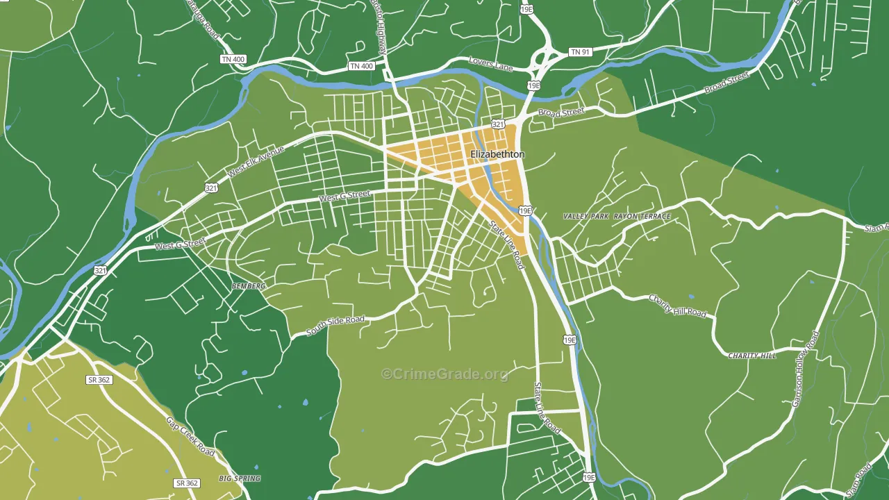 Douglas, Elizabethton, TN Map of Vehicle Theft Rates