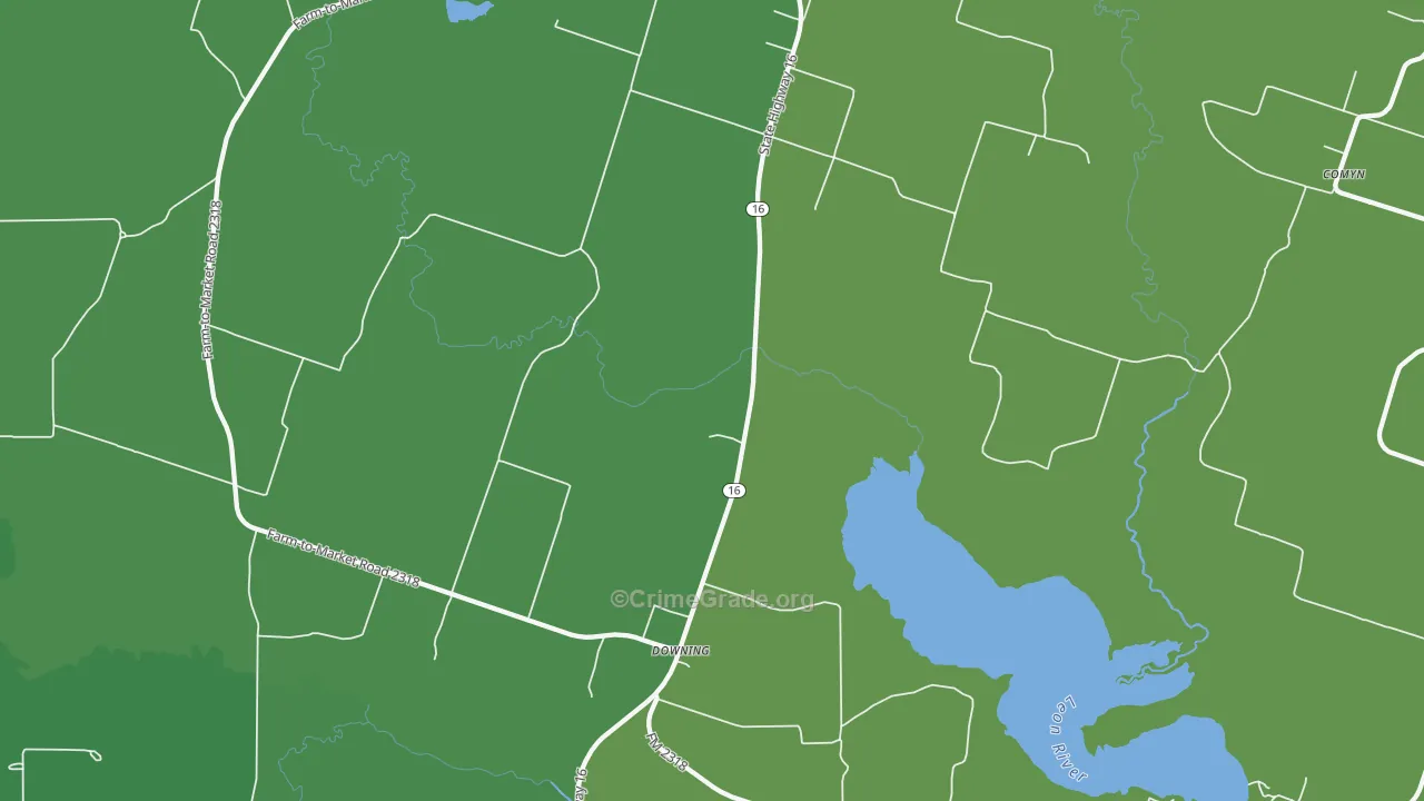 Downing, TX Map of Vehicle Theft Rates