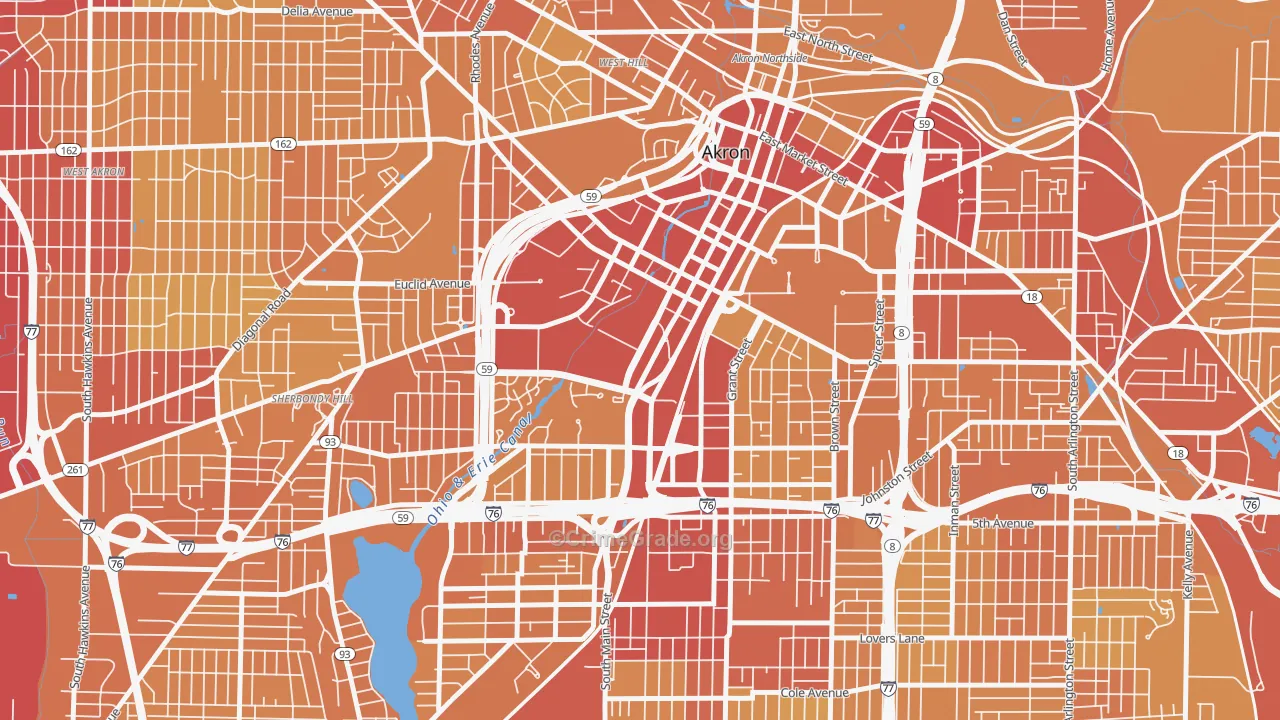 Downtown Akron, Akron, OH Map of Vehicle Theft Rates