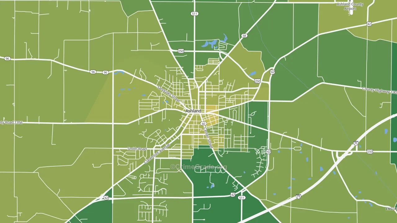 Downtown Ashland, Ashland, OH Map of Vehicle Theft Rates