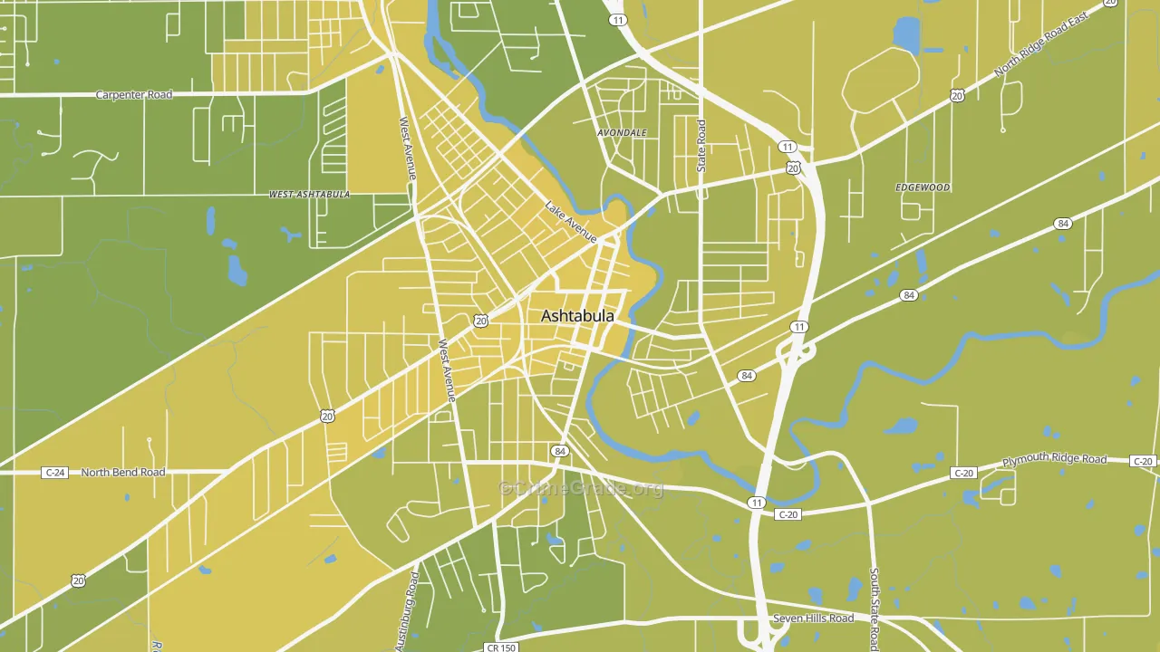 Downtown Ashtabula, Ashtabula, OH Map of Vehicle Theft Rates