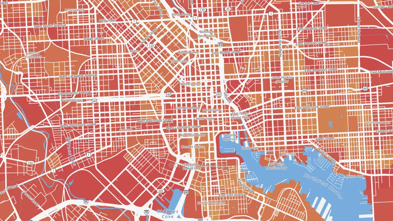 Downtown, Baltimore, MD Map of Vehicle Theft Rates