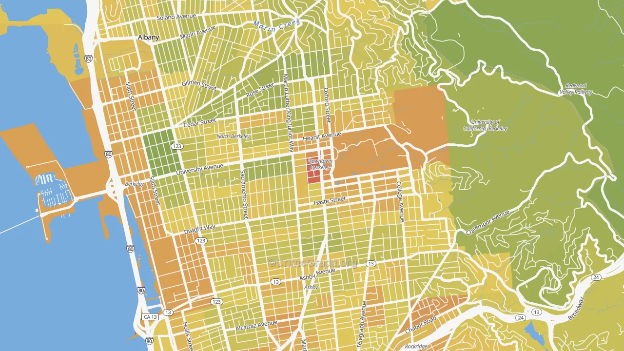 Downtown Berkeley, Berkeley, CA Map of Vehicle Theft Rates