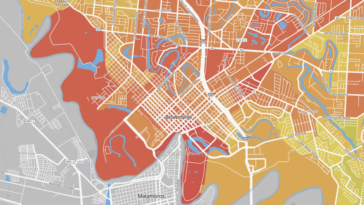 Downtown Brownsville, Brownsville, TX Map of Vehicle Theft Rates