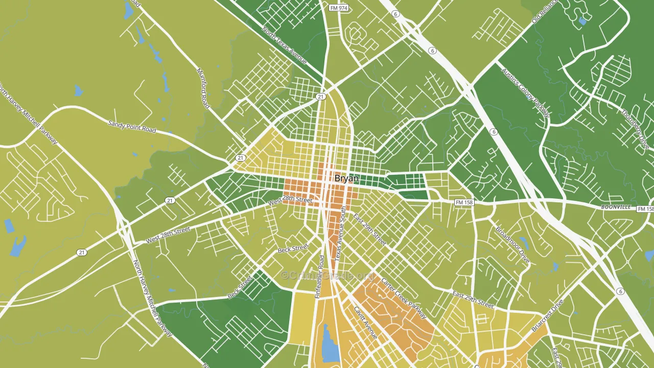 Downtown Bryan, Bryan, TX Map of Vehicle Theft Rates