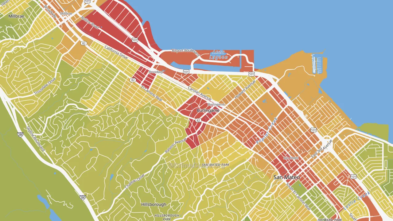 Downtown Burlingame, Burlingame, CA Map of Vehicle Theft Rates