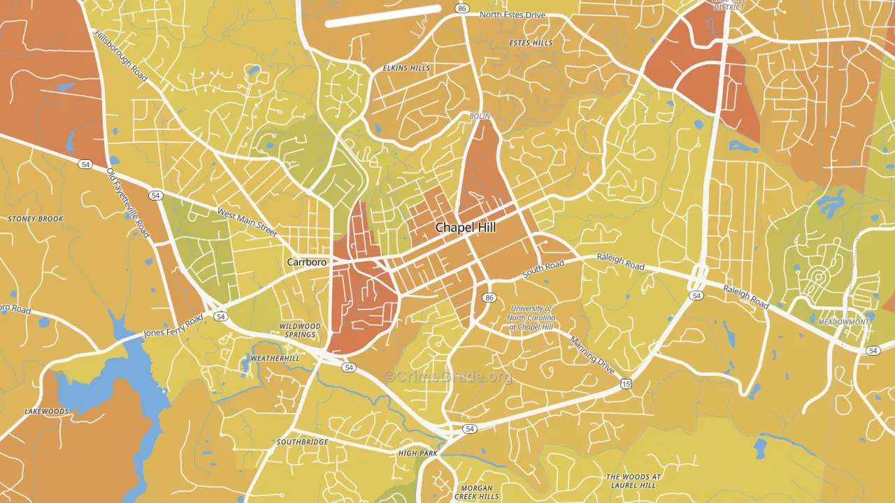 Downtown Chapel Hill, Chapel Hill, NC Map of Vehicle Theft Rates