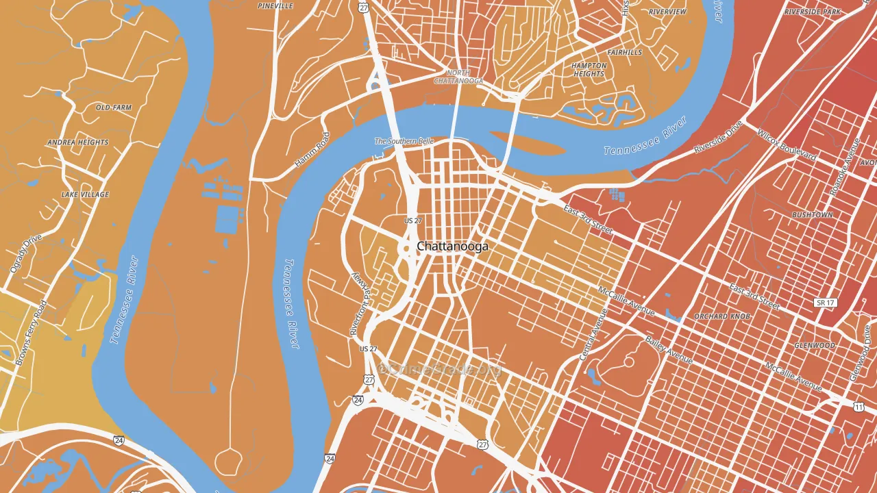 Downtown Chattanooga, Chattanooga, TN Map of Vehicle Theft Rates