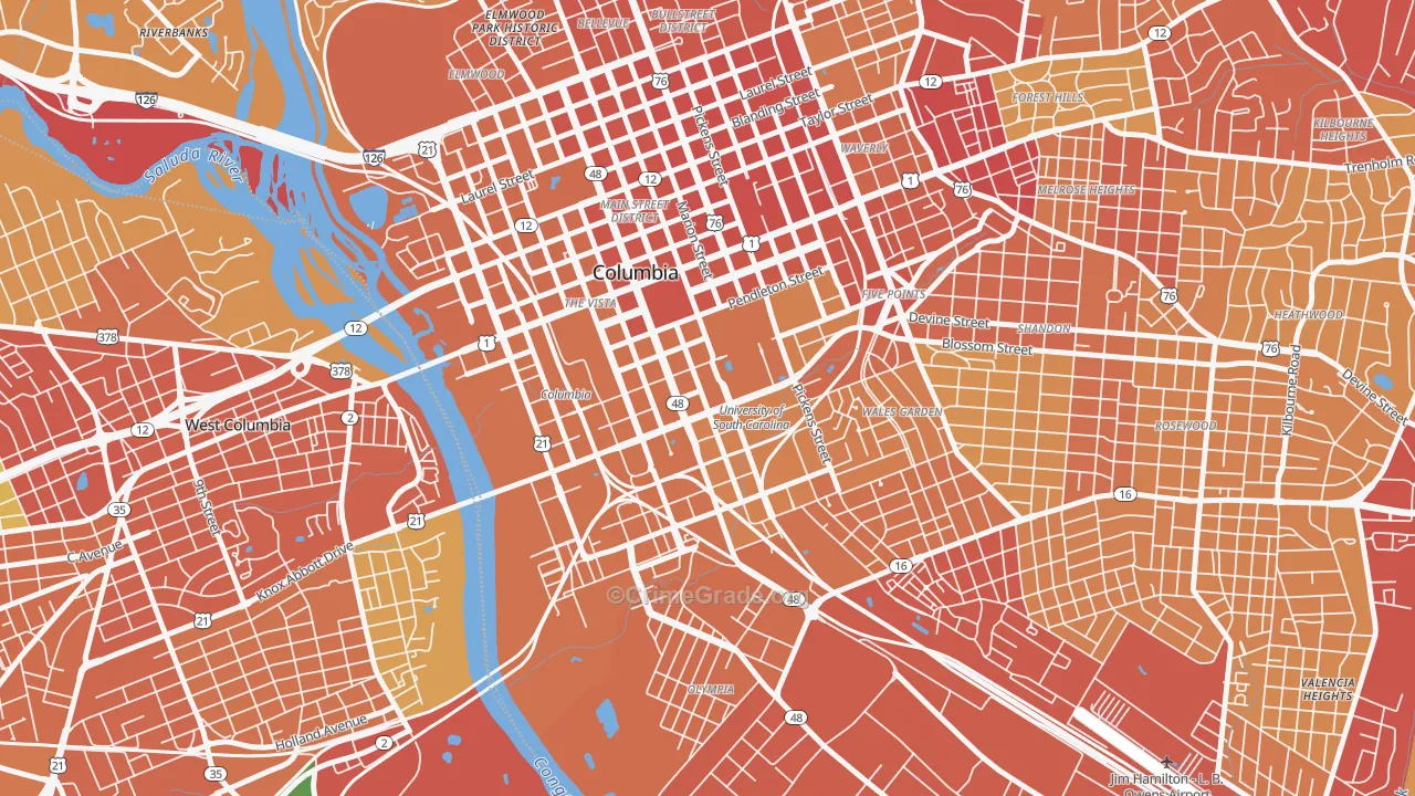 Downtown Columbia, Columbia, SC Map of Vehicle Theft Rates