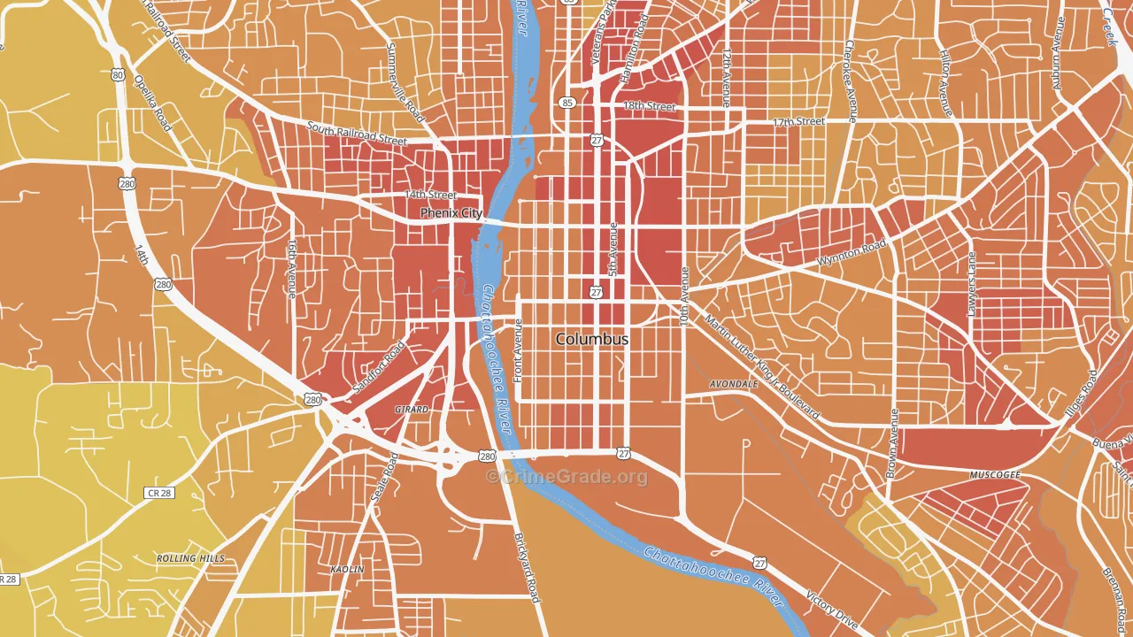 Downtown Columbus, Columbus, GA Map of Vehicle Theft Rates