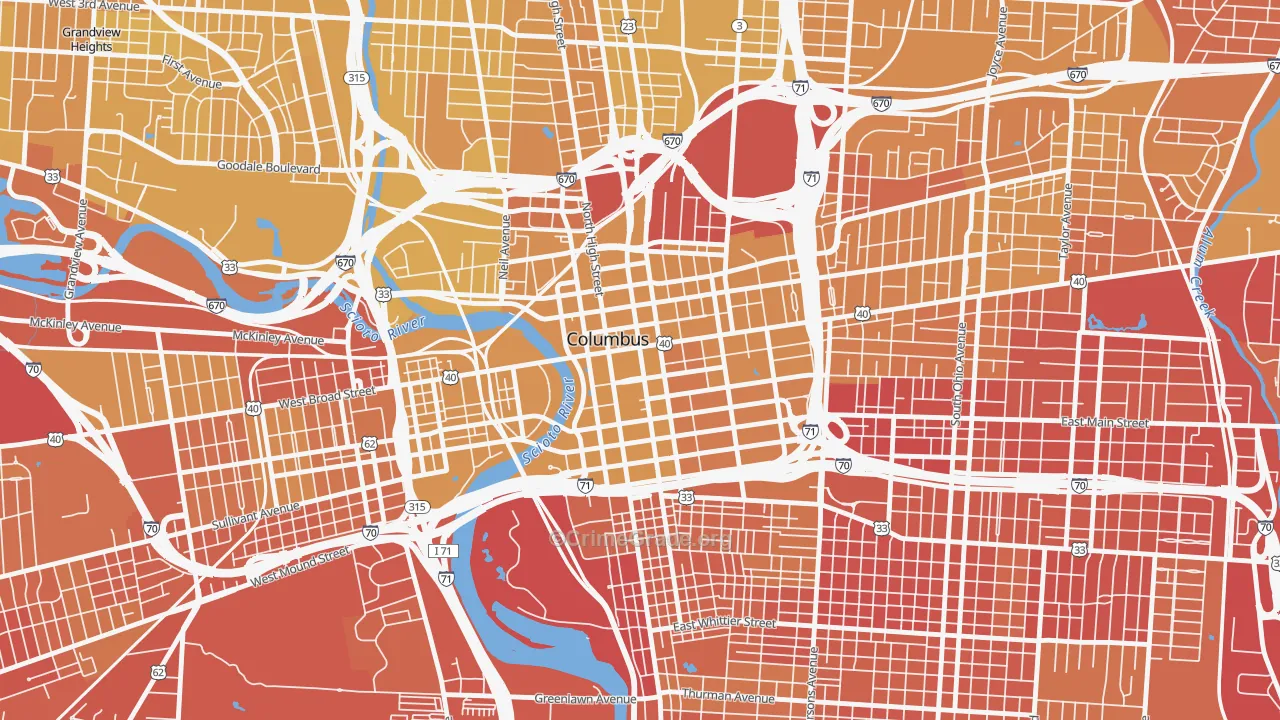 Downtown Columbus, Columbus, OH Map of Vehicle Theft Rates