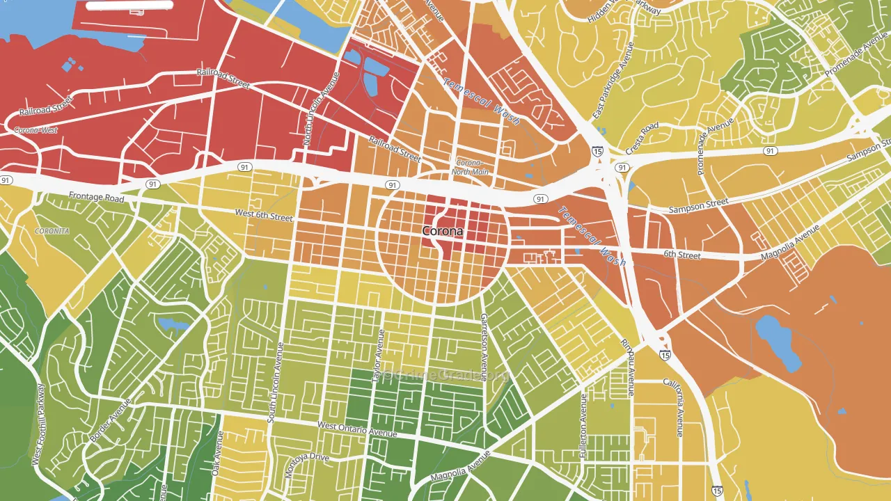 Downtown Corona, Corona, CA Map of Vehicle Theft Rates