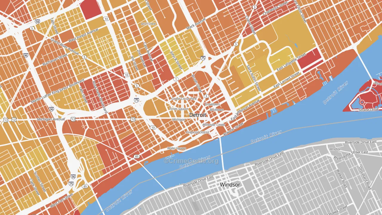 Downtown Detroit, Detroit, MI Map of Vehicle Theft Rates