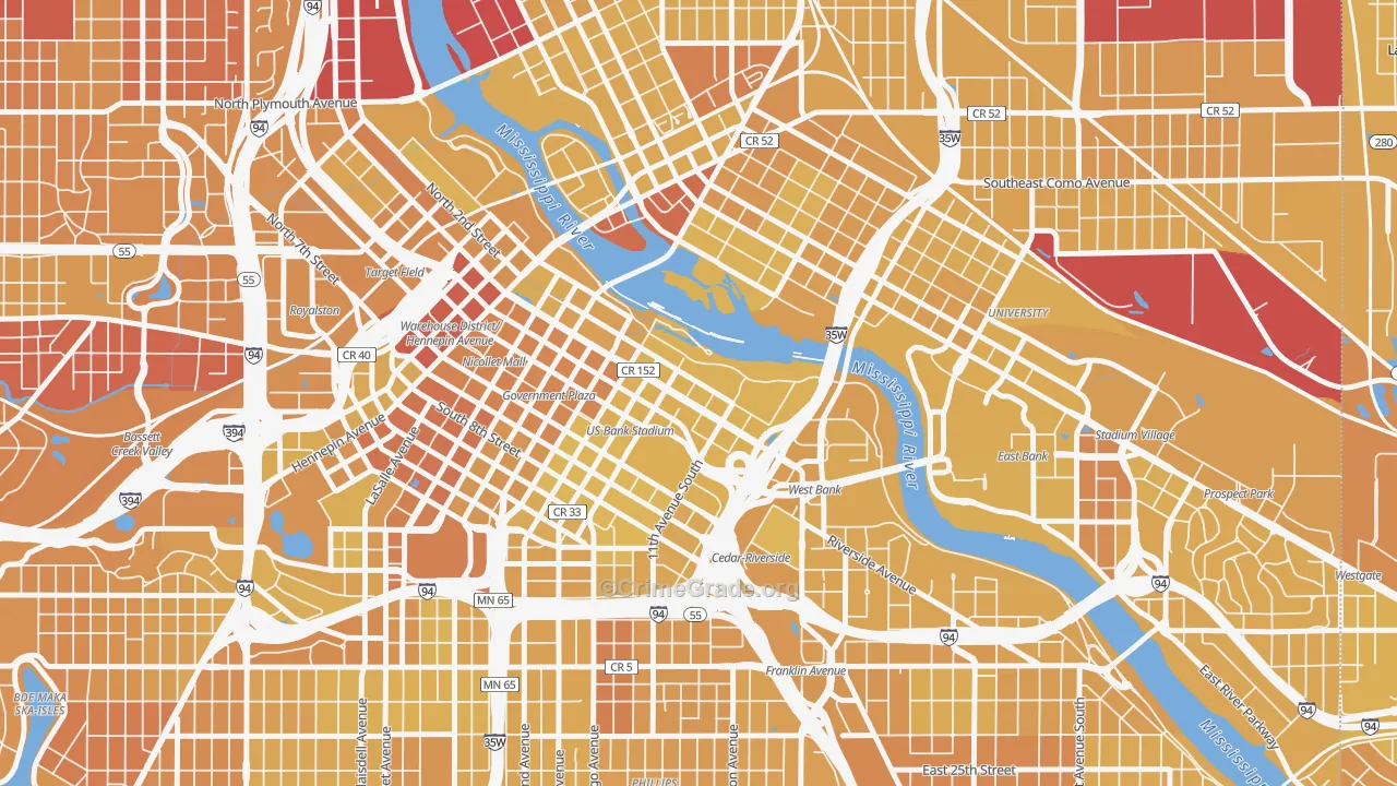 Downtown East, Minneapolis, MN Map of Vehicle Theft Rates
