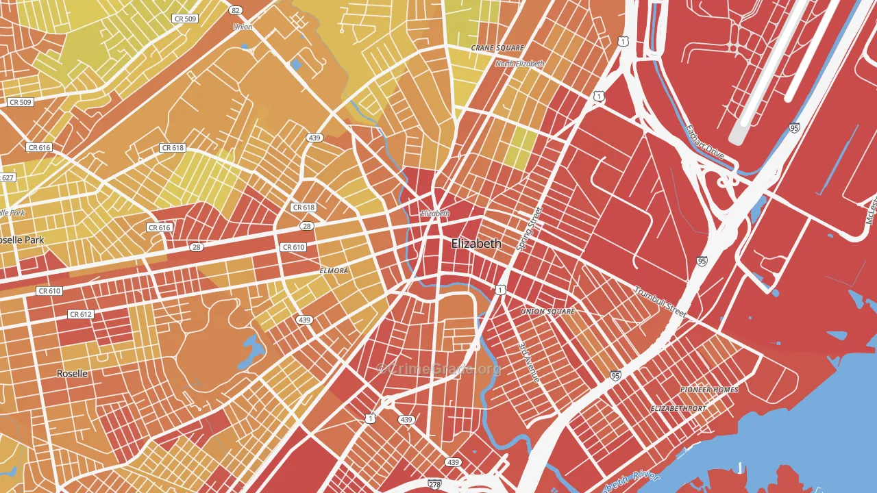 Downtown Elizabeth, Elizabeth, NJ Map of Vehicle Theft Rates