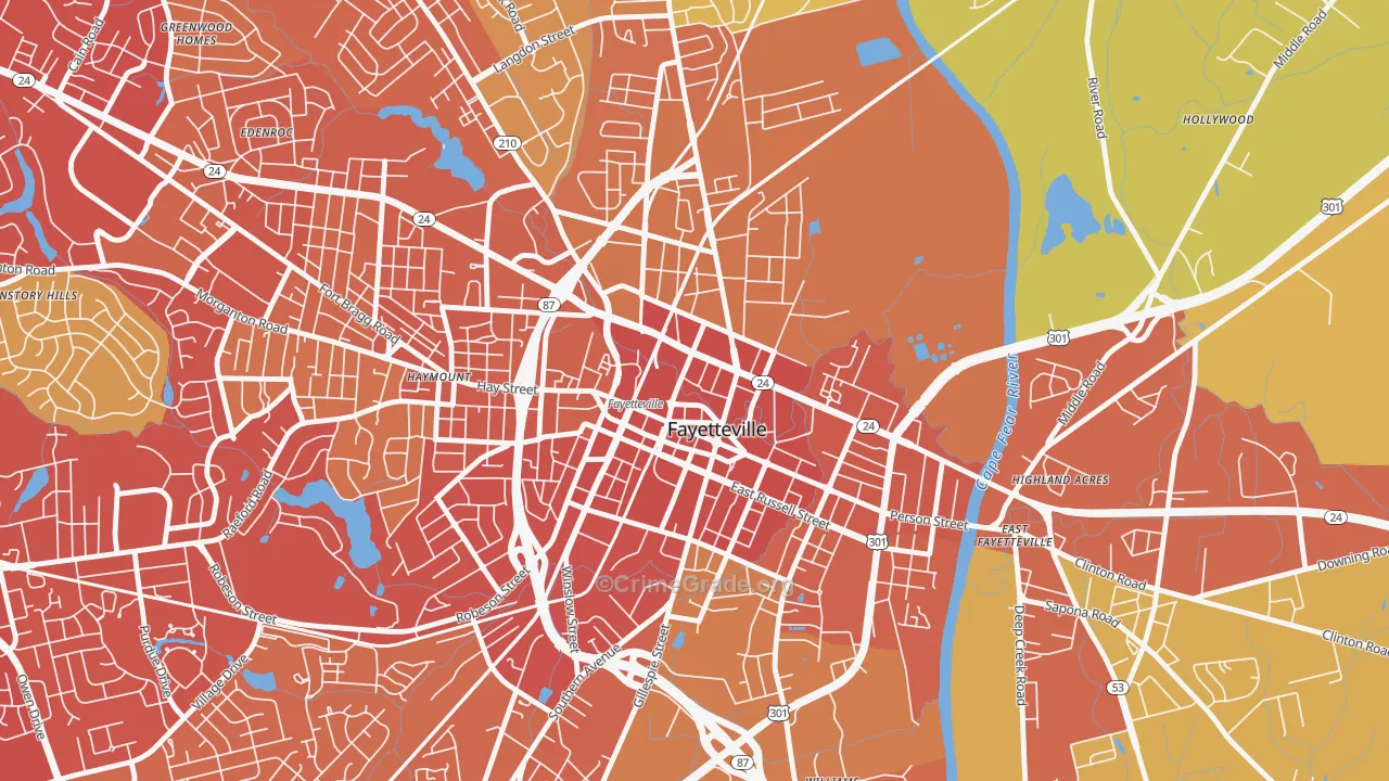 Downtown Fayetteville, Fayetteville, NC Map of Vehicle Theft Rates