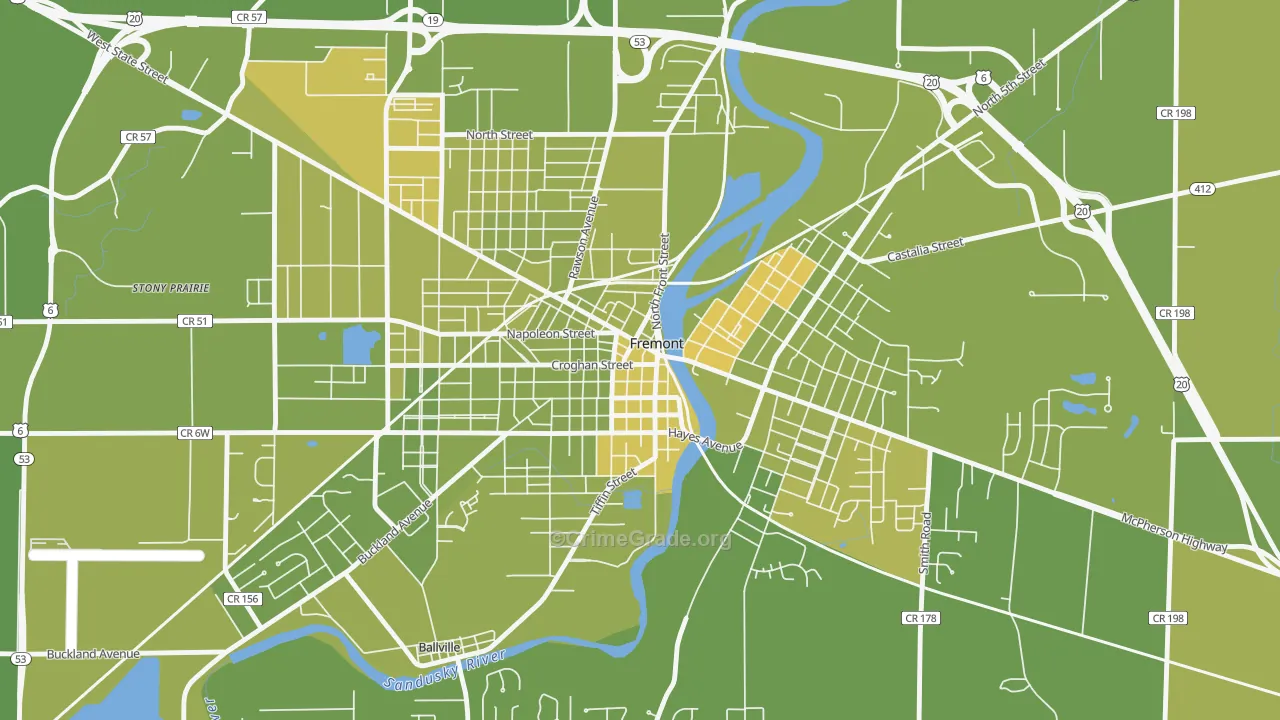 Downtown Fremont Historic District, Fremont, OH Map of Vehicle Theft Rates