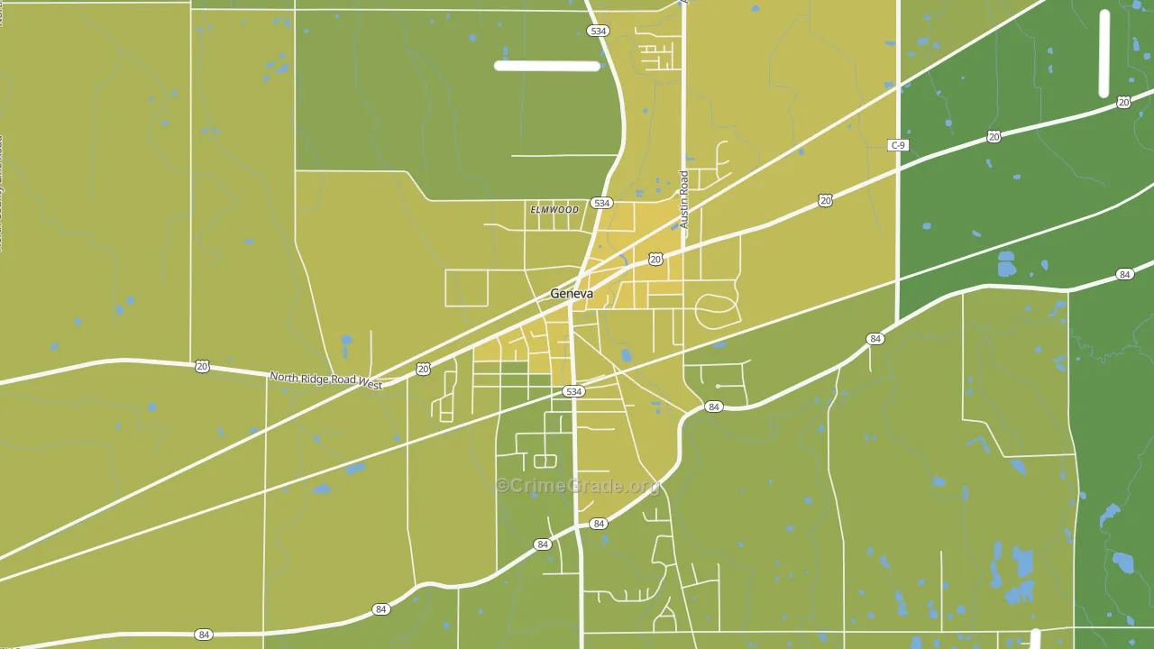 Downtown Geneva, Geneva, OH Map of Vehicle Theft Rates