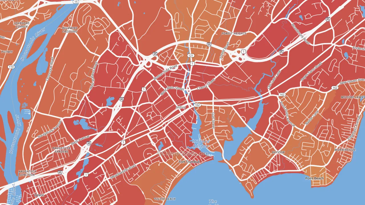 Downtown Harbor-Post Road South, Milford, CT Map of Vehicle Theft Rates