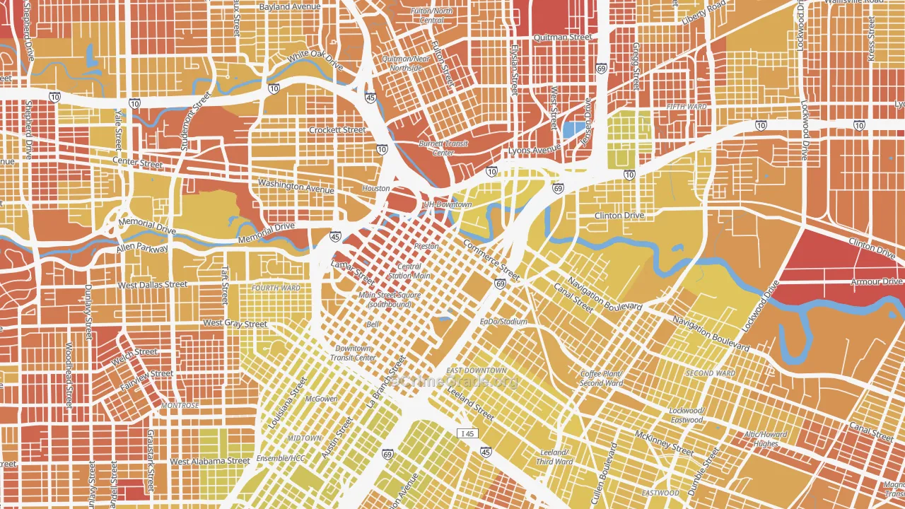 Downtown Houston, Houston, TX Map of Vehicle Theft Rates