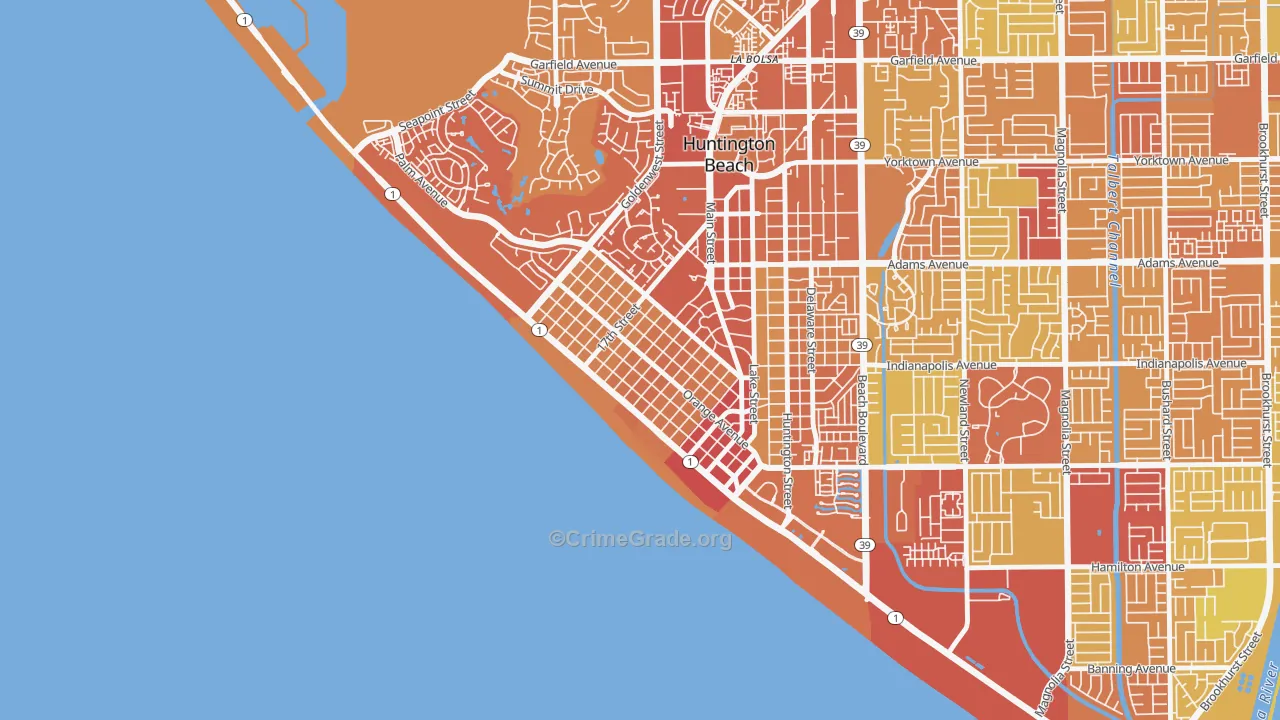 Downtown Huntington Beach, Huntington Beach, CA Map of Vehicle Theft Rates