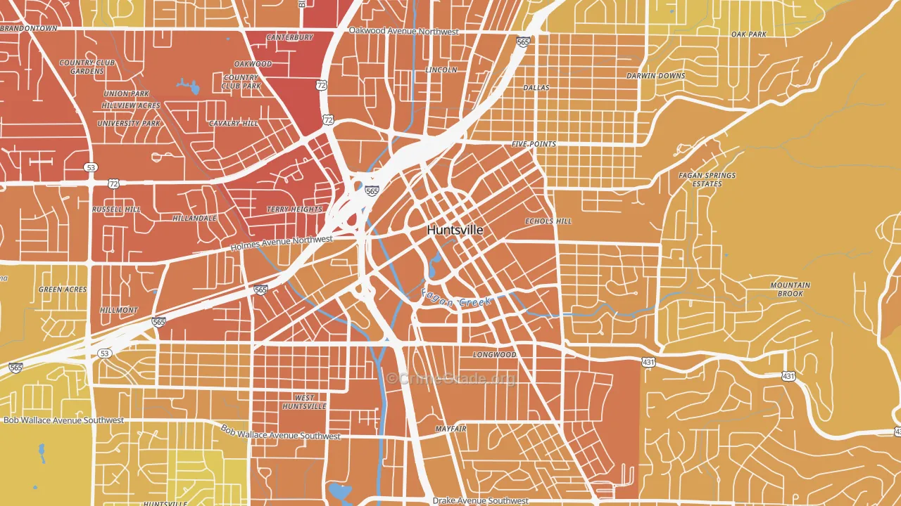 Downtown Huntsville, Huntsville, AL Map of Vehicle Theft Rates