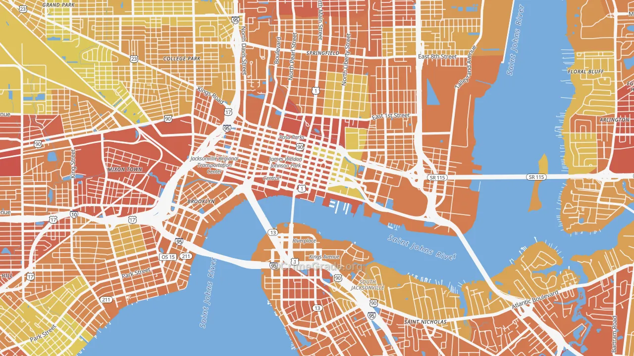 Downtown Jacksonville, Jacksonville, FL Map of Vehicle Theft Rates