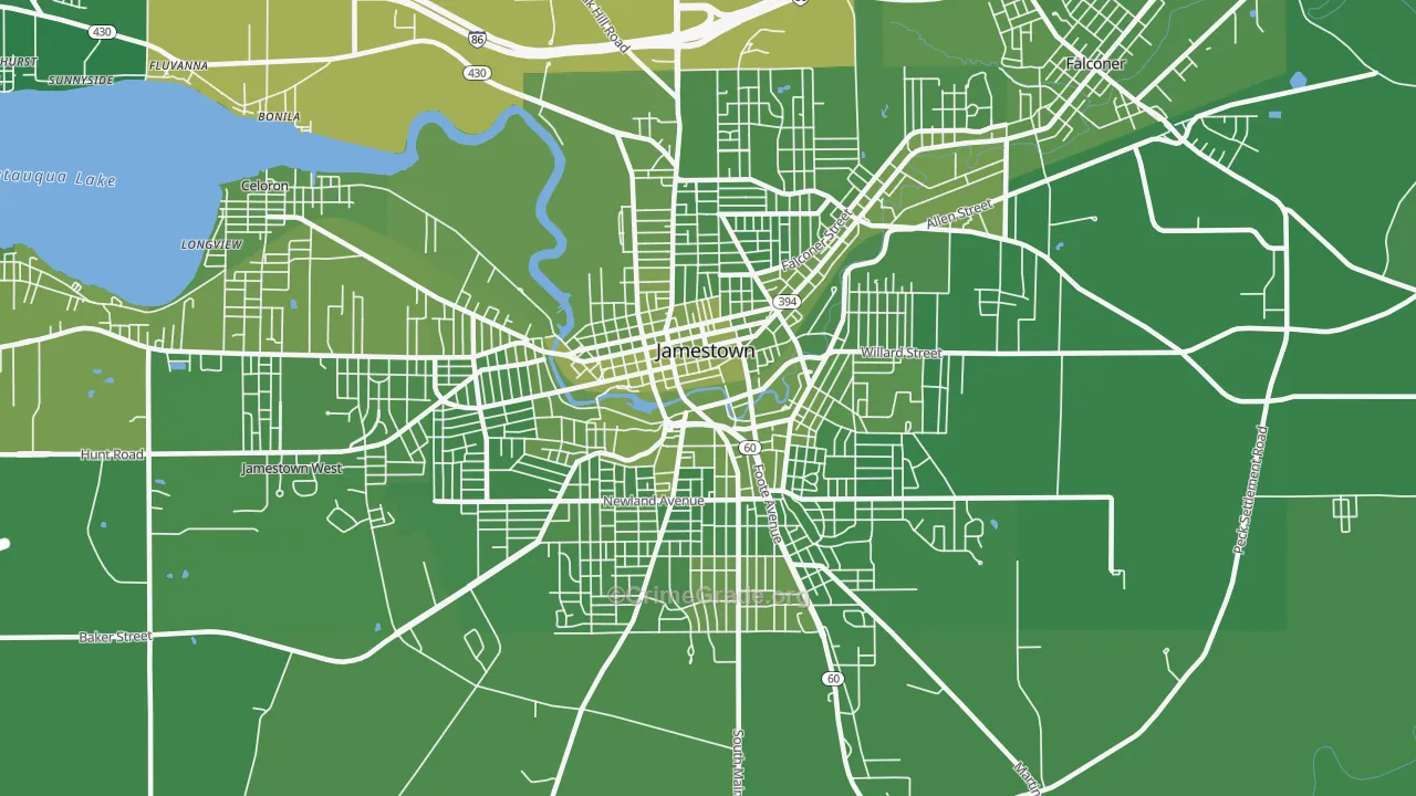 Downtown Jamestown, Jamestown, NY Map of Vehicle Theft Rates
