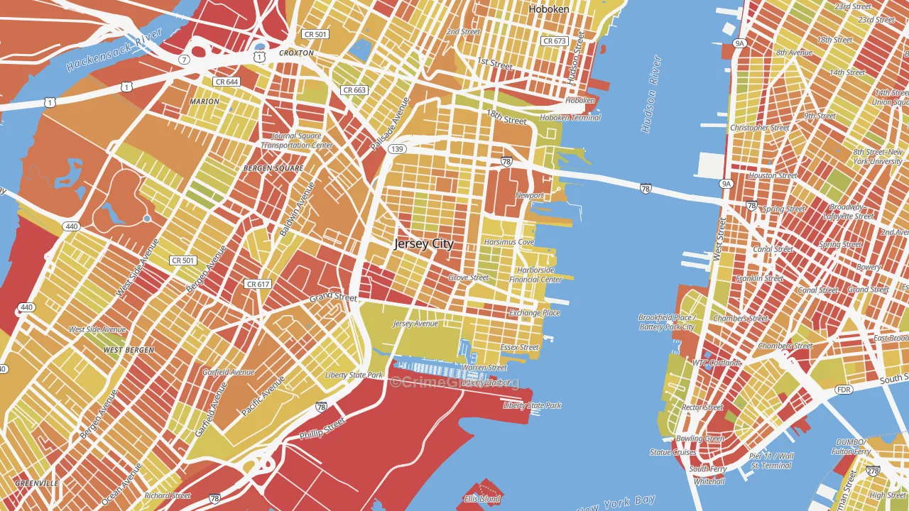 Downtown Jersey City, Jersey City, NJ Map of Vehicle Theft Rates