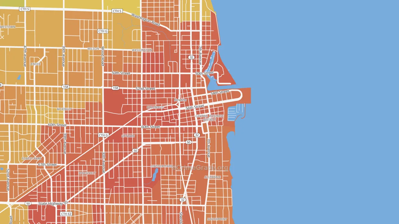 Downtown, Kenosha, WI Map of Vehicle Theft Rates