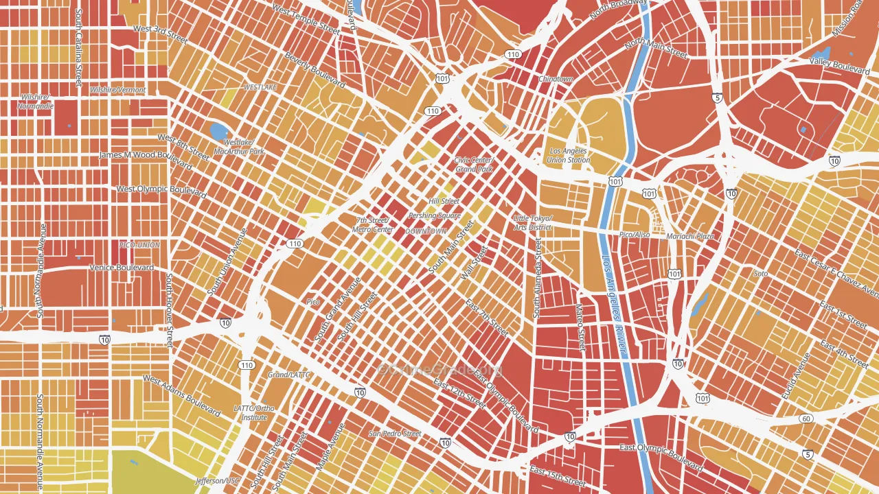Downtown Los Angeles, Los Angeles, CA Map of Vehicle Theft Rates