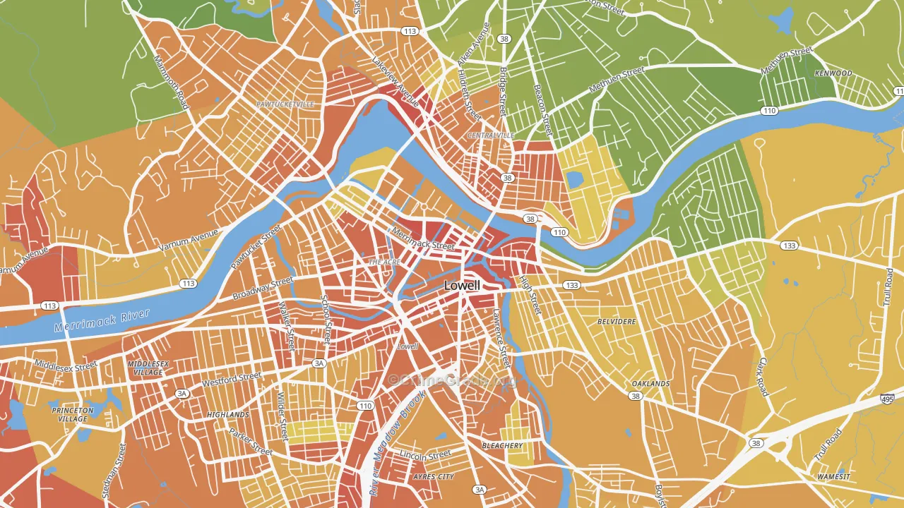 Downtown Lowell, Lowell, MA Map of Vehicle Theft Rates