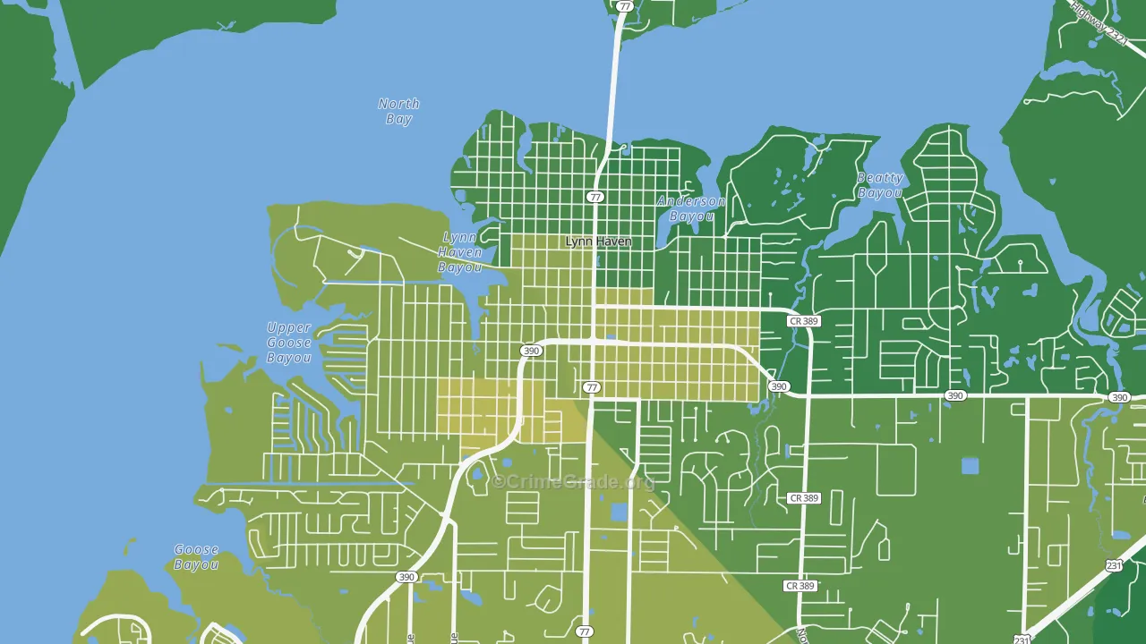 Downtown Lynn Haven, Lynn Haven, FL Map of Vehicle Theft Rates